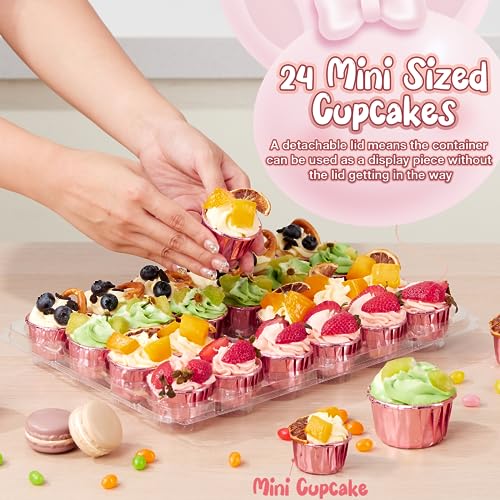 Hlukana (24 Pack x 15 Sets) Mini Cupcake Containers with 375 Pack Cupcakes Liners, Plastic Cupcake Holder, Stackable Mini Cupcake Boxes Carrier, Clear Disposable Cupcake Trays, High Dome - MINI SIZE