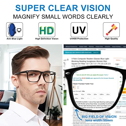 Image of Blue Light Filter Reading Glasses Mens Readers Large Game Glasses 1.0 1.25 1.5 2.0 2.25 2.5 2.75 3.0 3.5 4.0 5.0 6.0 (Black 2.00)