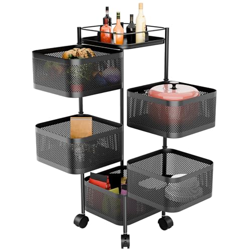 Cuteam Carrito de almacenamiento de cocina, carrito de cocina cuadrado con ruedas de 360 grados, contenedor de almacenamiento de cesta de frutas, estante de alambre de metal para frutas y verduras con