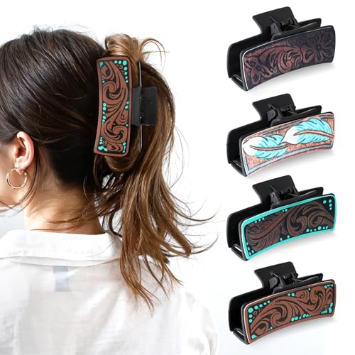 4Pcs Western Hair Clips for Women Large Cowhide Pattern Resin Claw Clips Cowgirl Aesthetic Hair Claw Clips Western Hair Accessories Vintage Hairpin Gifts for Thick Thin Hair Jewelry Stuff