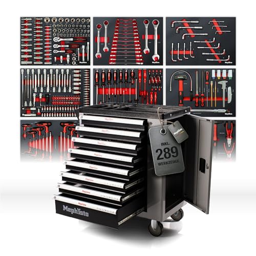 Mephisto Chariot à outils 8 tiroirs avec outils tels que les clés, cliquet avec boîte à noix, clé à tête de pipe, etc. dans Soft Inlays in Carbon Lock...