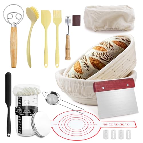 Kit Complet pour Démarrage de Levain Naturel 14 Pièces:Panier à Pain Ovale 25 cm et Panier à Pain Rond 23 cm,Support en Silicone pour Pain,Pot de Fermentation pour Levure,Mélangeur à Pâte