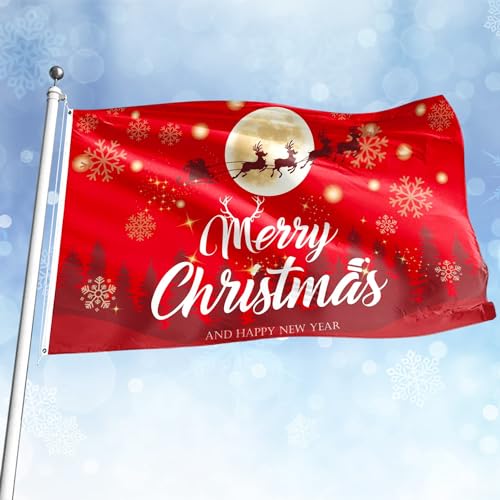 Merry Christmas Flag 5Ft x 3Ft with Eyelets 100% Polyester Vivid Red Color Christmas Flags for Party Camping Garden Outdoor Decorations