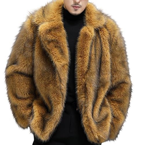 Cambkatl Men's Luxury Faux Fur Coat, Fluffy Furry Lapel Collar Long Sleeve Outerwear Winter Warm Cardigans Jacket Overcoat