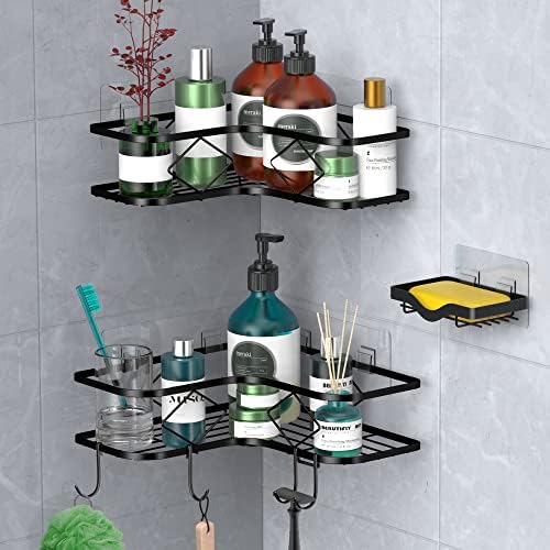 Kadolina 2 Pack Adhesive Corner Shower Caddy Shelf with Soap Holder, Shower Corner Organizer Shelves, No Drilling Rustproof Shower Storage Rack Basket Shampoo Holder Organizer (Black)