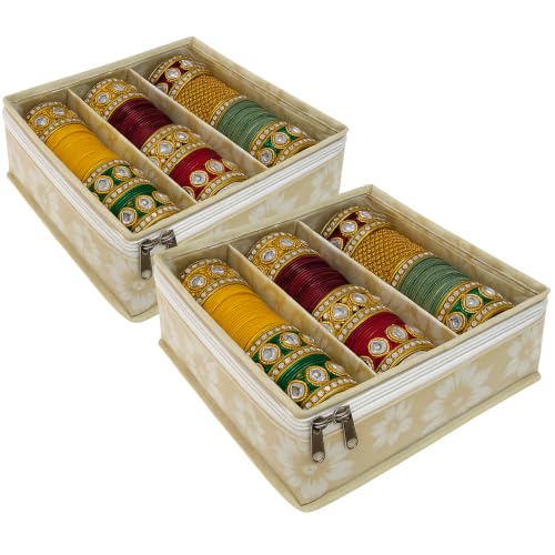 Image of PVC 3-Rod Floral Bangle Organizer Box for Women | Jewellery Bangle Storage Case for Chudi, Kada & Accessories, Bangle Holder Pouch | Beige | Pack of 2