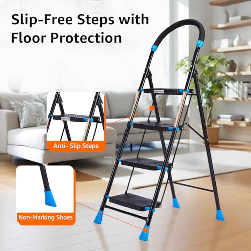 Image of Amazon Basics Curvo-Foldable Step Ladder, Ribbed Steps, Knee Guard, Non-Marring PVC Shoes, 4 Steps (Black & Blue)