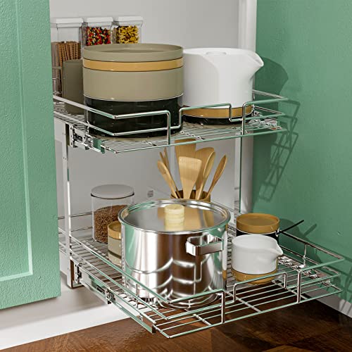 Lovmor 2 Tier Individual Pull Out Cabinet Organizer 14" W X 21" D, Slide Out Kitchen Cabinet Storage Sliding Shelves #TOP4