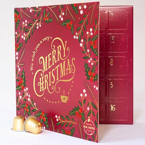 Christmas Advent Calendar with 24 Compatible Pods from Real Coffee. Recyclable Original Line Aluminium Capsules. One Capsule for Each Day. Explore 11 Delicious Varieties. Red Edition