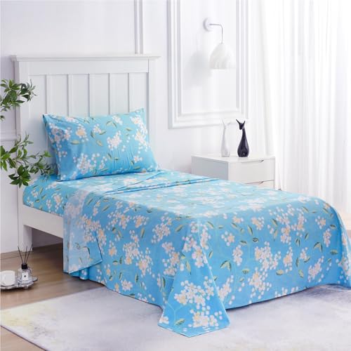 Image of JSD Blue Floral Printed Twin Sheet Set Extra Deep Pocket | 3 Piece Soft Botanical Microfiber Sheets, OEKO-TEX Certified, Easy Care