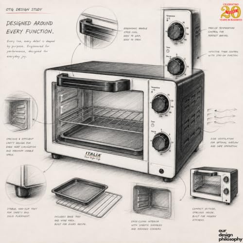 Image of ITALIA 9L Oven Toaster Griller (OTG) - 1000W Electric Oven for Baking, Toasting & Grilling | Top & Bottom Heating, 90C-230C Temp Control, 30-Min Timer with Stay-On, Fits 9-Inch Pizza | Black