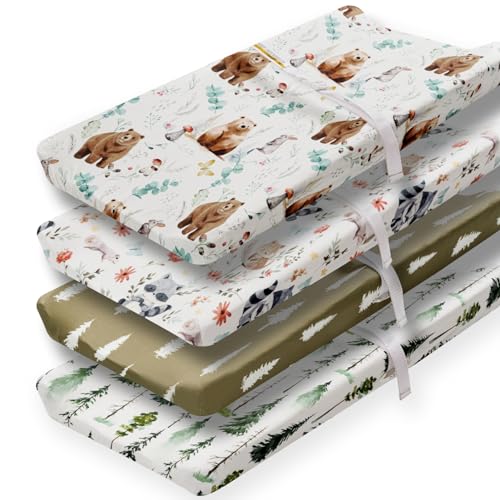 Image of 4 Pack Changing Pad Covers Woodland Forest Animals Wood Neutral Unisex Fitted Baby Changing Pad Cover Set for Baby Boys or Girls (Cartoon Beer)