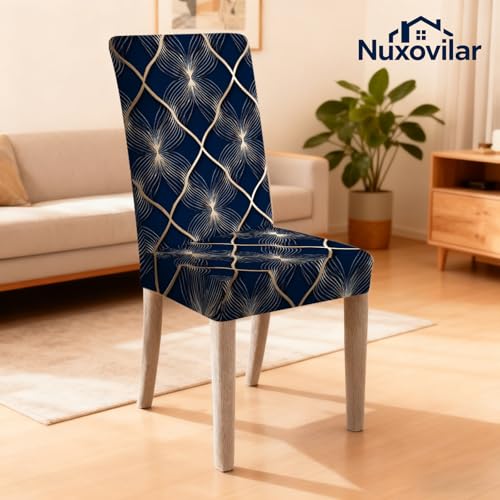 Image of Nuxovilar 4PCS Dark Blue Gold Line Floral Grid Stretch Covers