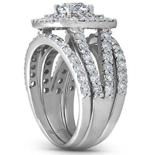 Pompeii 3 ct Diamond Engagement Wedding Double Cushion Halo Trio Ring Set 14k White Gold2