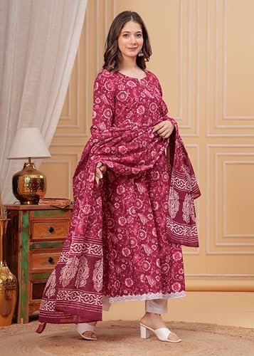 Image of MEERA FAB Women's Cotton Printed Anarkali Kurta with Palazzo & Dupatta Set