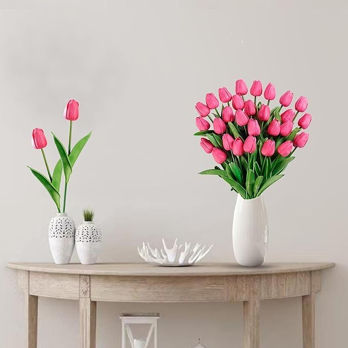 Image of Garden Art Artificial Tulip Flowers (Pack of 5) | Real Touch Silicone Single Stem Tulips for Home Decor, Living Room, Office, Vase & Wedding Decoration GAASTFB-1H-33RP (Rose Pink)