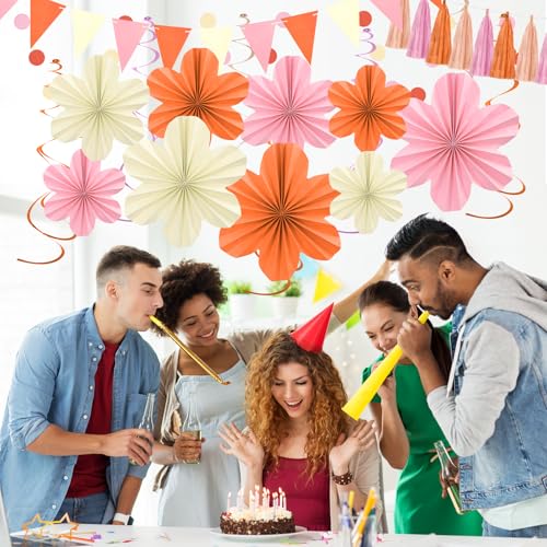 Image of Pink and Orange Party Decorations Birthday Graduation Decor Supplies | Hanging Paper Flowers Tassel Garland Swirls for Autumn Sunset Soiree Party Bachelorette Baby Shower Classroom Decor