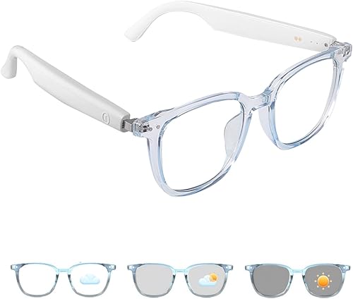 Anteojos Inteligentes para Hombres y Mujeres, Anteojos de Oreja Abierta Bluetooth con Lentes Fotocromáticas, Control Táctil, Asistente de Voz con