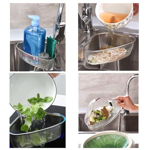 Image of Stainless Steel Dish Rack Drain Basket with Drip Tray & Spoon Holder Dish Drainer for Kitchen Drying Stand /Kuda /Plate Rack /Bartan Over Sink Counter Dish Rack Drain Basket Steel Tray Kitchen (Triangle)
