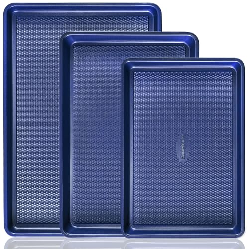 HONGBAKE Baking Sheet Pan Set, Cookie Sheets for Oven, Nonstick Half/Quarter/Jelly Roll Pans with Diamond Texture Pattern, Heavy Duty Cookie Tray, Dark Blue