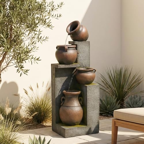 Bumilgar 53' H Large Outdoor Water Fountain with Lights - 4 Tiered Cascading Bowls Waterfall Fountain for Garden, Patio, Backyard, Porch Inside - Freestanding Outdoor Water Feature Gold