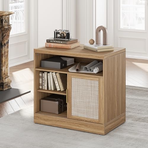Perledesign Rattan File Cabinet with Door, 32'' Lateral File Cabinet with Open Adjustable Shelves, Wood Filing Cabinet with Sliding Door for Home Office, Natural Oak