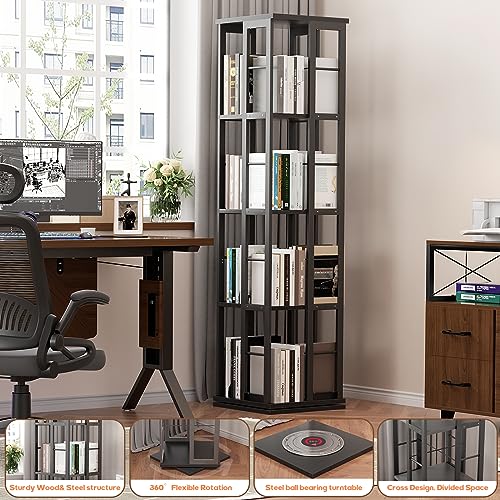 Aheaplus 5-Tier Rotating Bookshelf - 360° Spinning Corner Bookcase, Grey Oak, Narrow Floor Shelf For Home & Office
