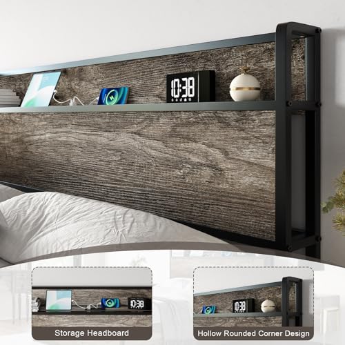 Image of AMERLIFE King Size Lift Up Storage Bed Frame, Wooden Platform Bed Frame with Lifting Storage & Charging Station, No Spring Box Needed /Noise Free, Rustic Grey