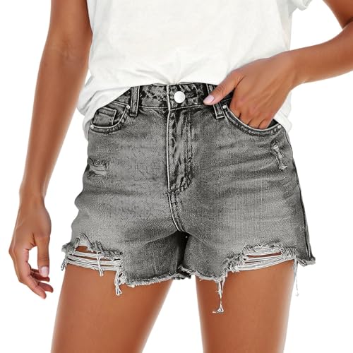Short en jean femme stretch taille haute déchiré mode été gris XL