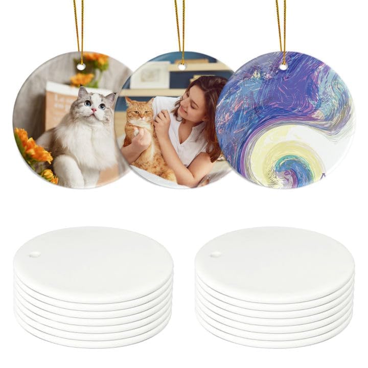 Christmas Tree Decorations Sublimation Ceramic Ornaments Sublimation Ornament Blanks Bulk Ceramic Discs Ornament for Heat Press Printing Round Porcelain for Women Man (Round, 12)