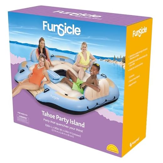 Funsicle: Tahoe Party Island - 9 Foot Inflatable Pool & Water Float, 4 Person Seating, 108x95x24, Lake & Beach, Built-in Cooler & Cup Holders