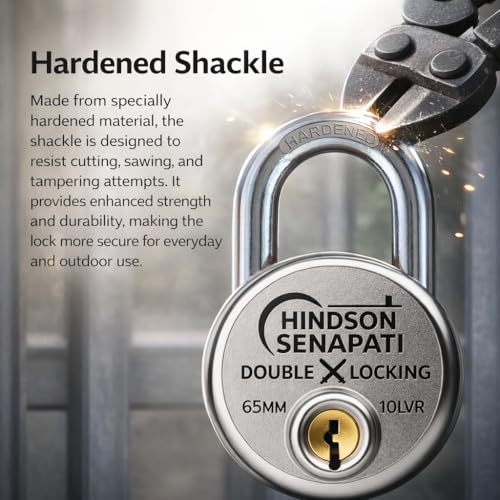 Image of Hindson Same Key Senapati 65mm Round Padlock, Pack of 4 with 16 Same Keys, Hardened Shackle, 10 Lever Mechanism, Heavy Duty, Double Locking Security Lock for Gates, Doors & Shutters (Silver)