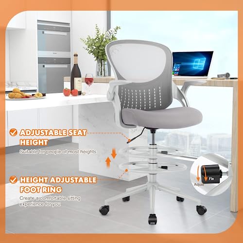Sweetcrispy Drafting Chair, Tall Office Chair Counter Height Adjustable High Office Chair For Standing Desk, Mesh Stand Desk Chair With Flip-Up Arms, Foot-Ring, Grey #TOP5