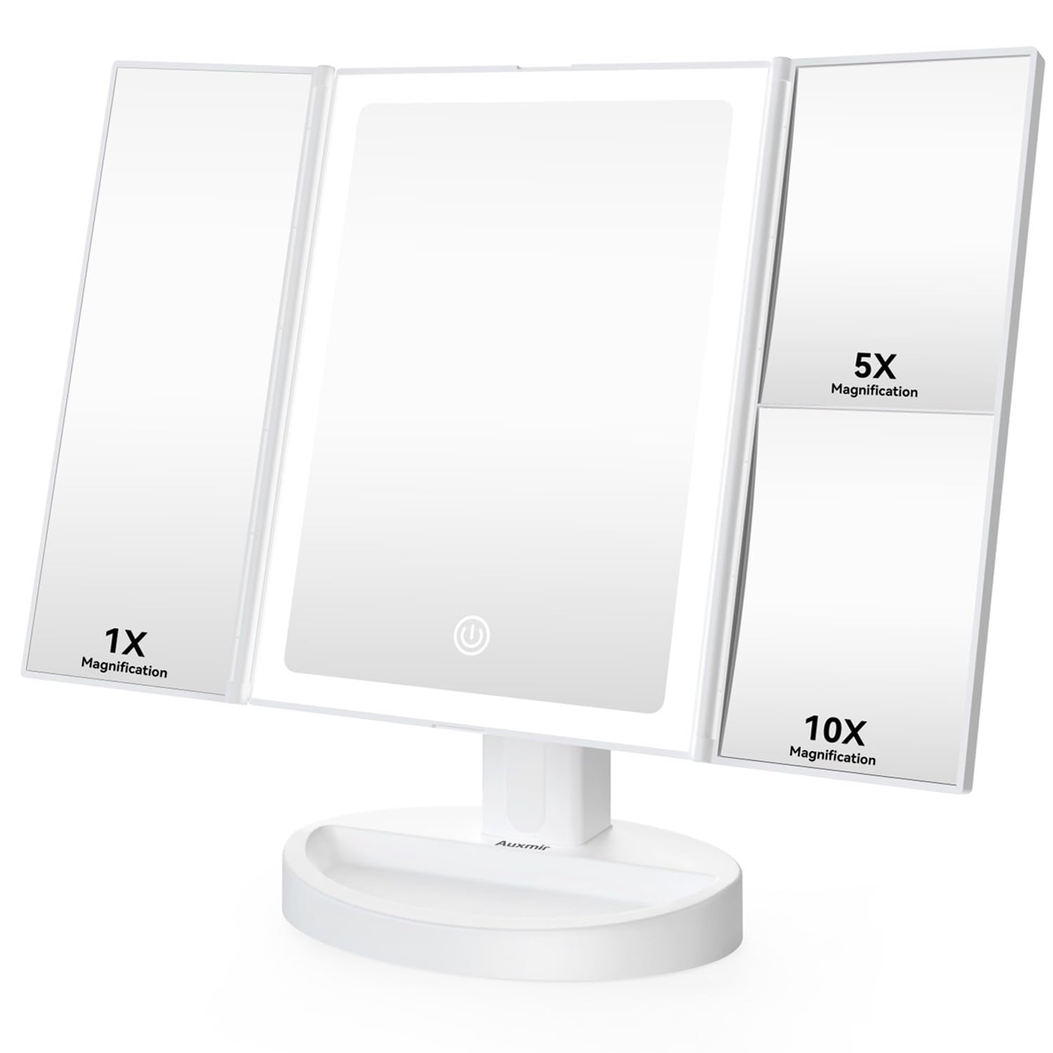 Auxmir Espejo Maquillaje con Luz, 1X/5X/10X Espejo Aumento de Mesa Tríptico, 34 Luces LED con Pantalla Táctil Ajustable, Giratorio 180°, Blanco