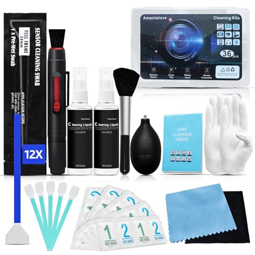 Amentalove 36 en 1 Kit Limpieza Camara Fotografica Réflex Digital Compatible con Canon, Sony, Nikon, Pentax, Kit De Limpieza de Sensor de Cámara paños de Microfibra, Pluma de Limpieza de Lentes