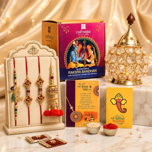 Image of Rakhi for Brother with Gift - Rakhi Gift Combo Set - Rakhi for Bhaiya Bhabhi - Rakshabandhan Gift for Sister- Akhand Crystal Diya Oil Lamp /Krishna Rakhi /Lumba Rakhi /Rudraksh Rakhi /Greeting Card
