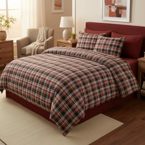 Image of Plaid Duvet Cover Queen Size Red Brown Gingham Duvet Cover Set Vintage Checkered Grid Soft Lightweight Microfiber Bedding Set with Zipper Closure and 2 Pillowcases (No Comforter)