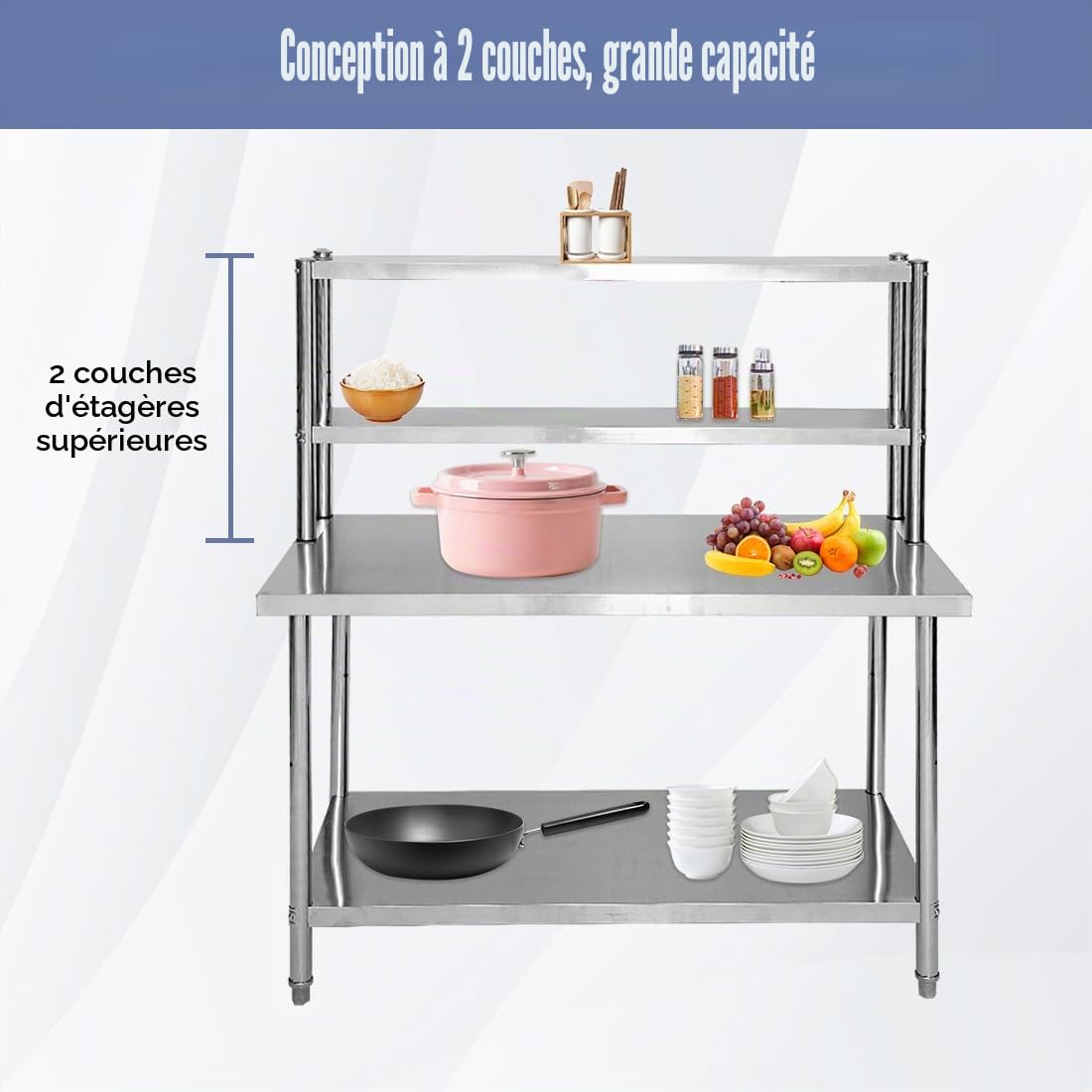 Stainless Steel Work Table 120 x 60 cm Adjustable 250 kg Double Storage for Kitchen | Smooth surface anti-scratch, stable feet, easy mounting, height adjustable, for gardens, commercial restaurants, hotels