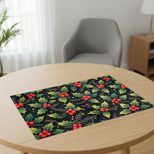 Image of Dining Table Mats Set of 4 - Cherry Christmas Leaves Theme,Digital Print, Washable, Indoor /Outdoor, Heat-Proof, Wipe & Clean (47X33 cm) Red & Green