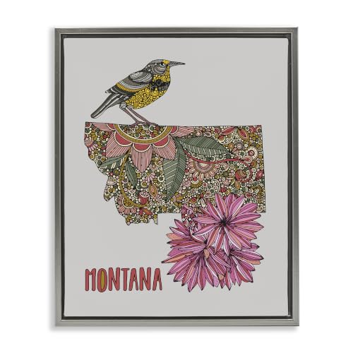 Floral Montana State Map, 25 x 31 Inch Canvas in Floater Frame