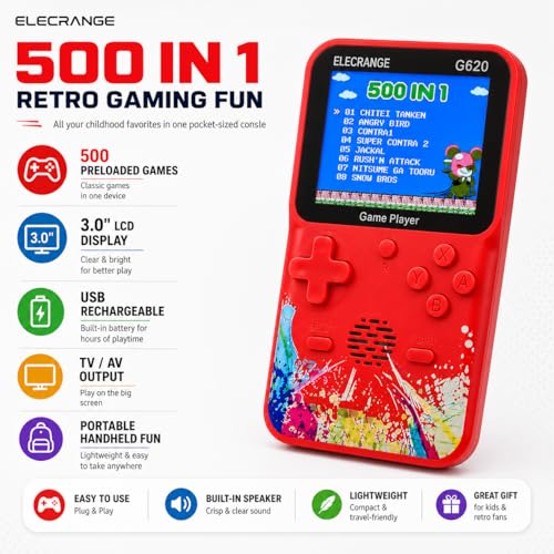 Image of G620 Handheld Game Console for Kids with 500 Built-in Retro Games, 3.0 Inch Colour LCD Screen, Rechargeable Portable Video Game Player with TV AV Output, USB Charging Cable, Multicolour