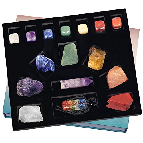 SUNYIK Natural Therapy Starter Healing Crystal Stone Kit, 7 Chakra Raw Rough Stones, Polished Tumbled Stones, Amethyst Crystal Point Wand, Ogone Pendant Necklace for Reiki Balancing Meditation