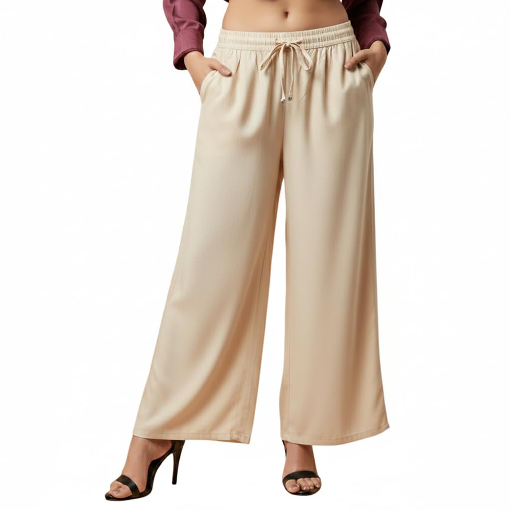 Women Soft Breathable Viscose Rayon Flared Palazzo Pants Straight Wide Leg Relaxed Fit Daily Ethnic Kurti Palazzo Pant-image-47