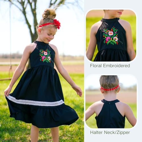 fioukiay Girls Mexican Floral Embroidered Dress Halter Neck Sleeveless Ruffle Party Long Maxi Dresses3