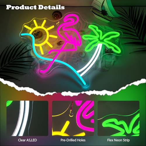 Image of Flamingo Sun Palm Tree Neon Signs for Wall Decor Funny Dimmable LED Neon Light Sign USB Powered for Home Bar Cart Summer Beach Restaurant Man Cave Decor Beer Cafe Bistro Club Party