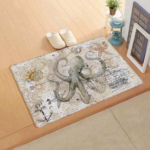 Brown Octopus Antifatigue Kitchen Bath Door Mat Cushioned Runner Rug,Washable Welcome Floor Sink Mat,Waterproof & Non-Slip Kitchen Standing Doormat,Nautical Coastal Anchor Boat Starfish Conch 24