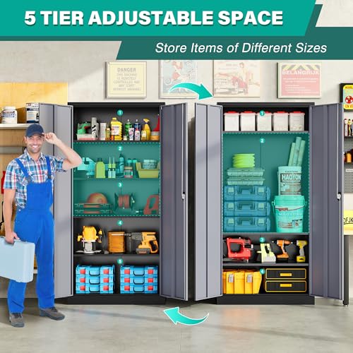 Image of SISESOL Metal Storage Cabinet with 2 Doors and 5 Shelves,Gray Metal Cabinet with Lock,71 inch Lockable Garage Storage Cabinets,Locking Steel Cabinets for Home,Office,Garage,School