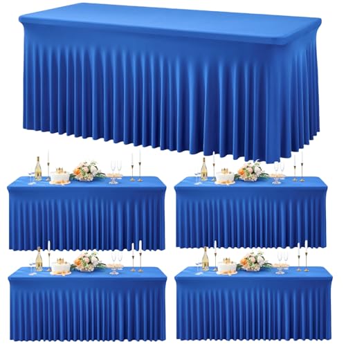 Image of Outpain 8ft Spandex Table Cloth for Standard Folding Tables-4Pack Royal Blue Table Cloth Table Protector for Party, Wedding, Cocktail, Banquet, Festival