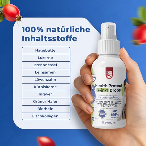 PAW2PAW Health Protect 7‑in‑1 Spray Hunde & Katzen – Immunsystem, Verdauung, Leber, Stoffwechsel, Haut & Fell, Energie, Stress – mit Kollagen & Kräutern – neutraler Geschmack – 30 ml, 200+ Sprühstöße