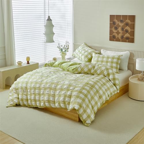 YASMENG Seersucker Bettwäsche 200x220 Grün Weiß Kariert Bettwäsche Seersucker Modern 3 Teilig Weich Atmungsaktiv Mikrofaser Bettbezug Set… – Ansicht 2